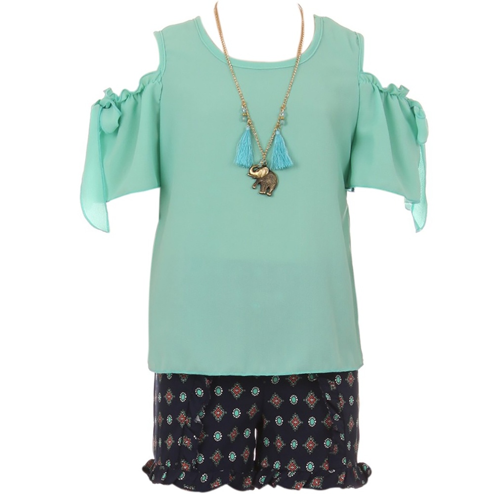Cold Shoulder Top Short Pant Girl Set Mint